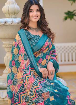 teal multicolor cotton blend digital print saree (sfcl527) 5