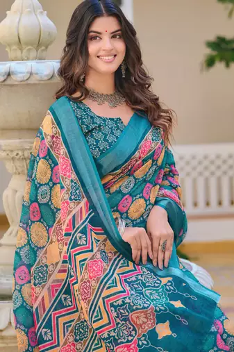 teal multicolor cotton blend digital print saree