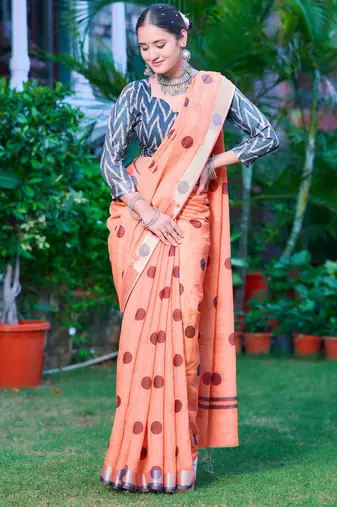 peach cotton blend saree polka dot print