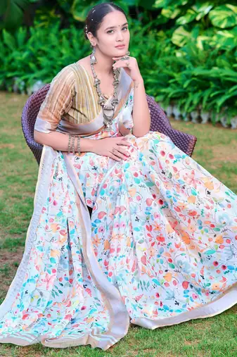 white beige cotton blend saree with floral print