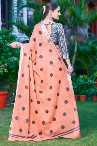 peach cotton blend saree polka dot print