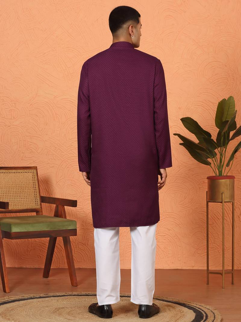 Chikan embroidered cotton rayon purple kurta