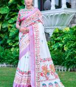 white pink cotton blend saree with floral print