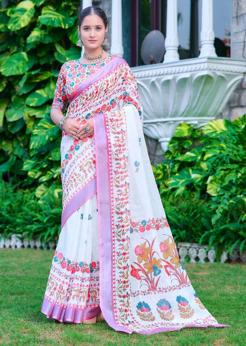 white pink cotton blend saree with floral print