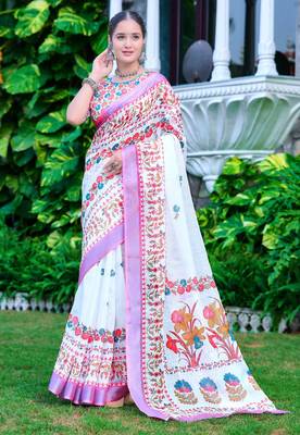 white pink cotton blend saree with floral print 2