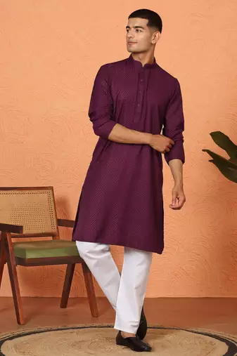 Chikan embroidered cotton rayon purple kurta