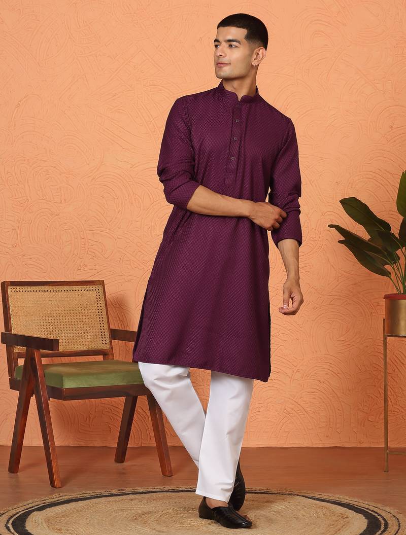 Chikan embroidered cotton rayon purple kurta