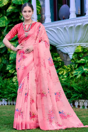 coral peach cotton blend digital print saree
