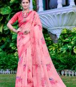 coral peach cotton blend digital print saree