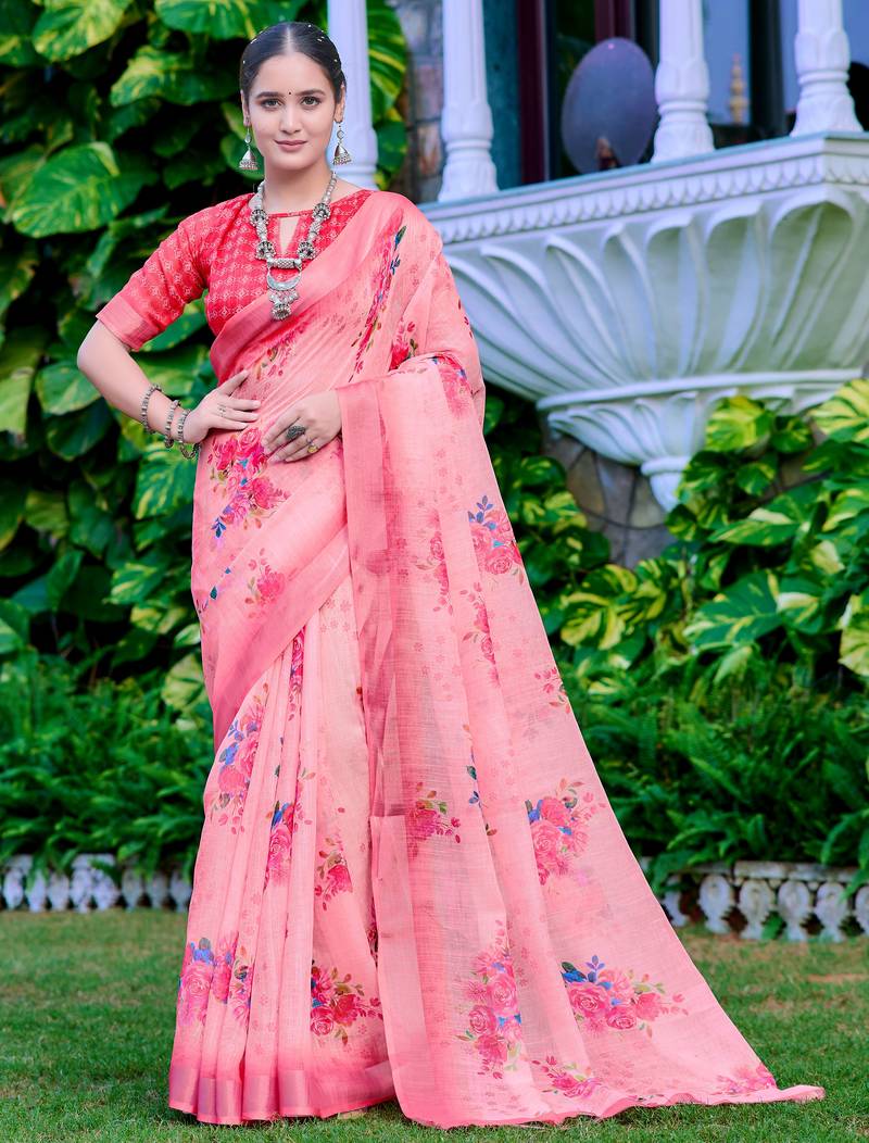 coral peach cotton blend digital print saree