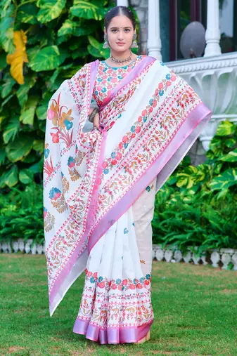 white pink cotton blend saree with floral print