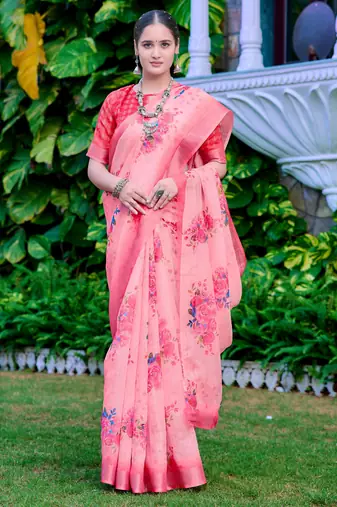 coral peach cotton blend digital print saree