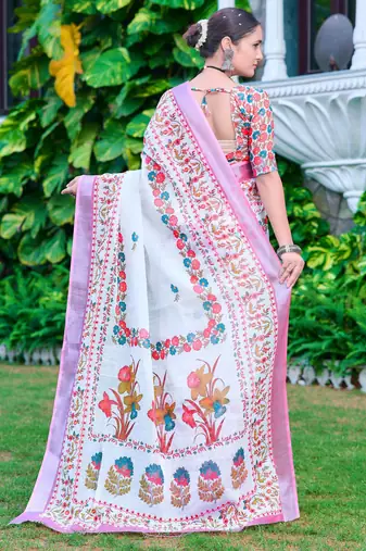 white pink cotton blend saree with floral print
