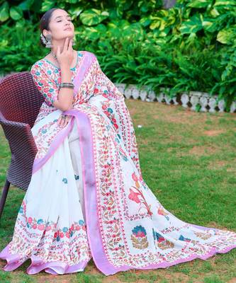 white pink cotton blend saree with floral print 5