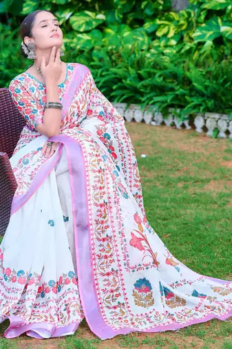 white pink cotton blend saree with floral print