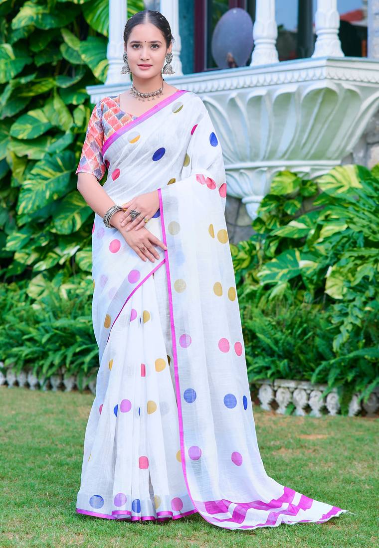 white multicolor cotton blend saree polka print