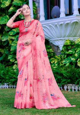coral peach cotton blend digital print saree 3