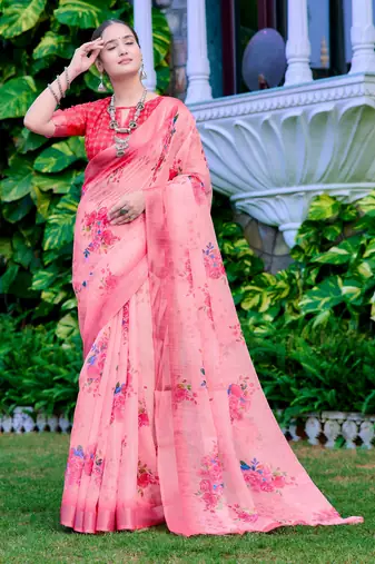 coral peach cotton blend digital print saree