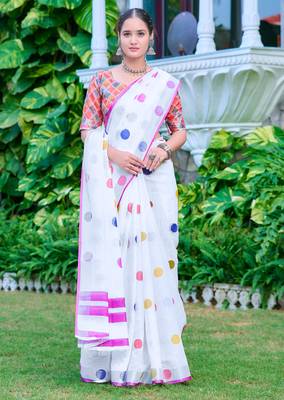 white multicolor cotton blend saree polka print 2