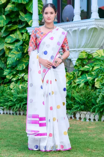 white multicolor cotton blend saree polka print