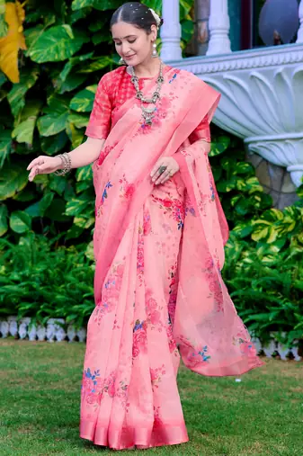 coral peach cotton blend digital print saree