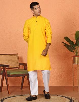 Chikan embroidered cotton rayon yellow kurta 1