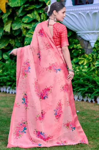 coral peach cotton blend digital print saree