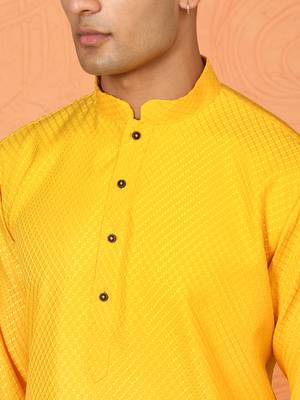 Chikan embroidered cotton rayon yellow kurta 2
