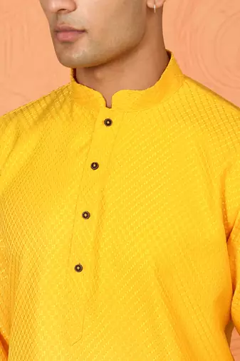 Chikan embroidered cotton rayon yellow kurta