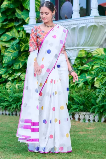 white multicolor cotton blend saree polka print