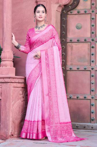 pink cotton blend saree with floral border print (sfcl519)