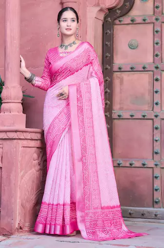 pink cotton blend saree with floral border print