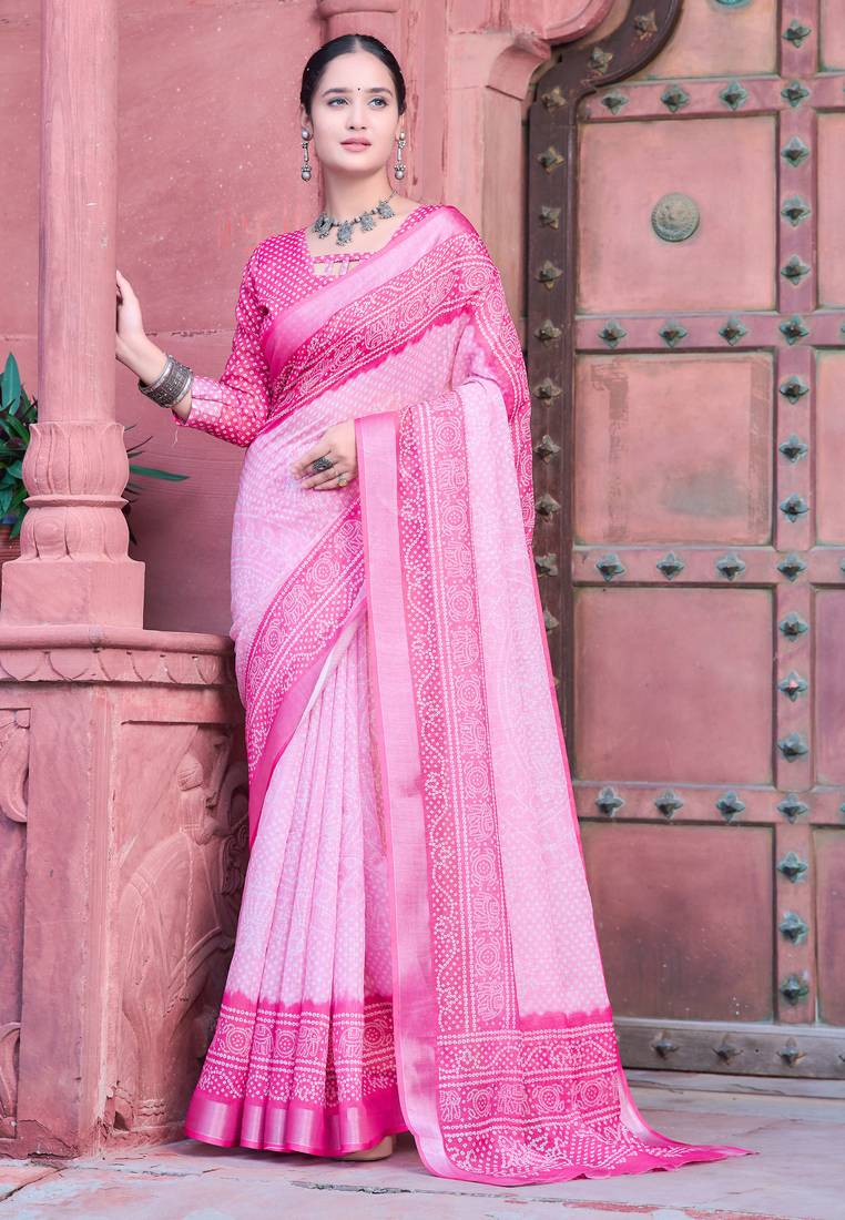 pink cotton blend saree with floral border print