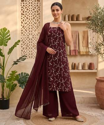 Wine embroidered sharara suit set with dupatta 2
