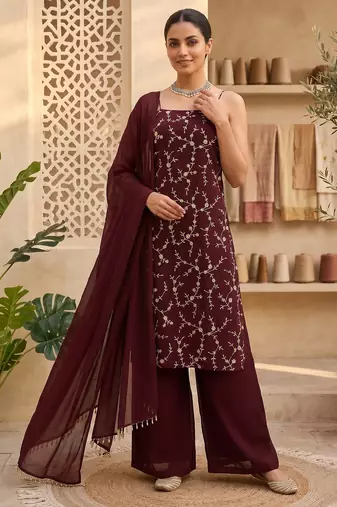 Wine embroidered sharara suit set with dupatta