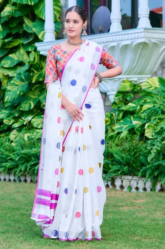 white multicolor cotton blend saree polka print