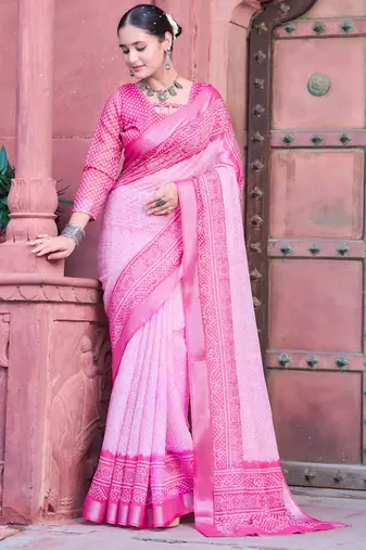pink cotton blend saree with floral border print