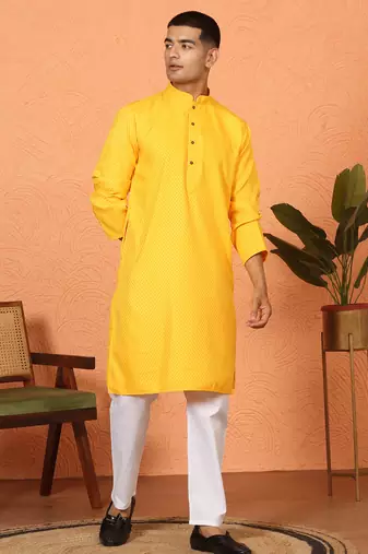 Chikan embroidered cotton rayon yellow kurta