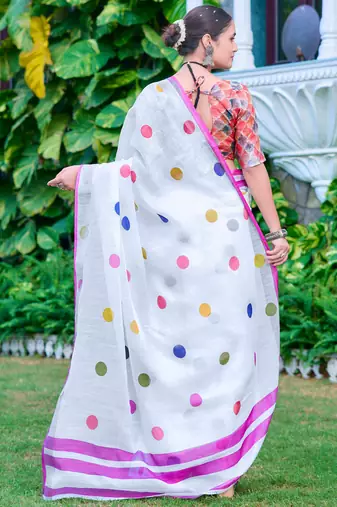 white multicolor cotton blend saree polka print