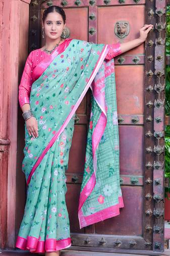 sea green pink cotton blend saree floral border print