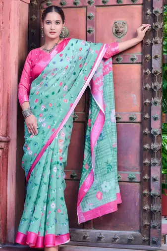 sea green pink cotton blend saree floral border print
