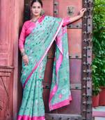 sea green pink cotton blend saree floral border print