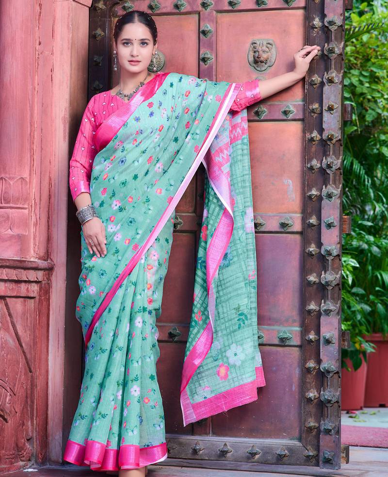 sea green pink cotton blend saree floral border print