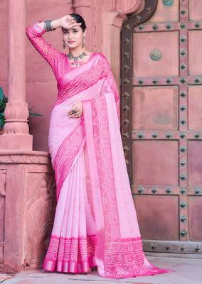pink cotton blend saree with floral border print 3