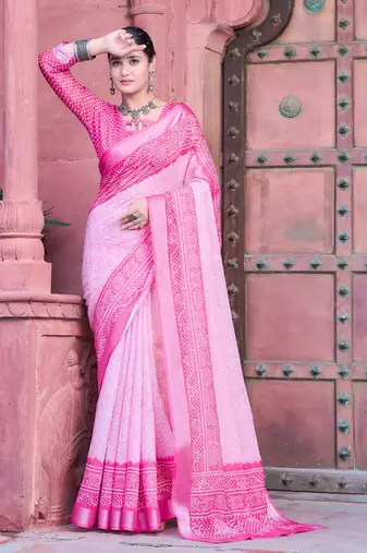 pink cotton blend saree with floral border print