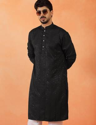 Cotton silk sequenced thread work black kurta 1
