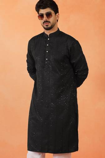 Cotton silk sequenced thread work black kurta