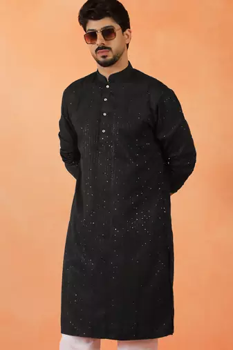 Cotton silk sequenced thread work black kurta