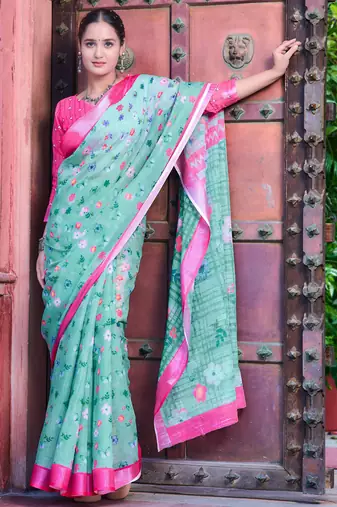 sea green pink cotton blend saree floral border print