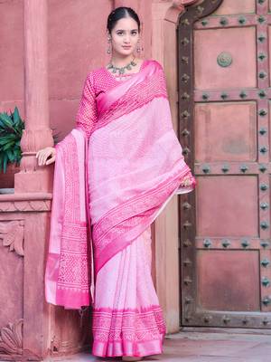 pink cotton blend saree with floral border print 4